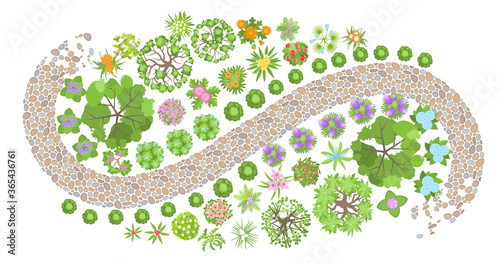 Landscape design. Top view. Path and flower beds. View from above.