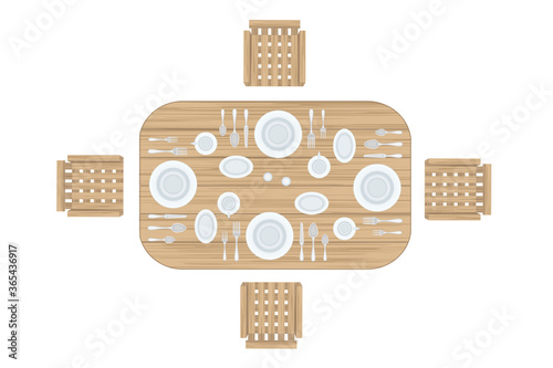 Vector illustration. Utensils on a wooden table. Top view.