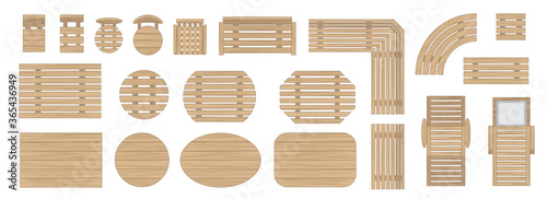 Outdoor wooden furniture. (top view) Vector set. Tables, benches, chairs, sunbeds. (view from above). 