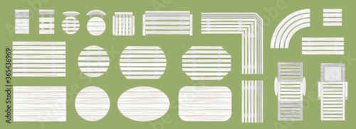 Outdoor wooden furniture. (top view) Vector set. Tables, benches, chairs, sunbeds. (view from above). 
