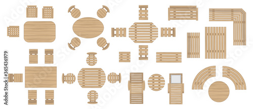 Outdoor wooden furniture. (top view) Vector set. Tables, benches, chairs, sunbeds. (view from above). 
