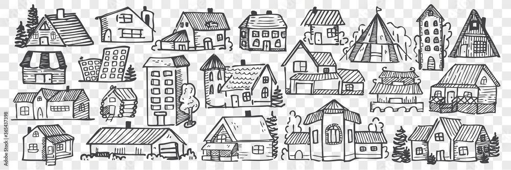 Hand drawn buildings doodle set.
