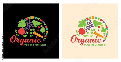 Organic fruit and vegetables logo. Farm fresh food logo sign