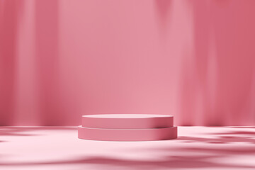 Empty room scene backdrops product display on pink background with sunny shadow in blank studio. Empty pedestal or podium platform. 3D Rendering.