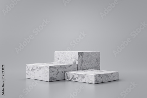 Fototapeta Naklejka Na Ścianę i Meble -  Three step of white marble product display on gray background with modern backdrops studio. Empty pedestal or podium platform. 3D Rendering.