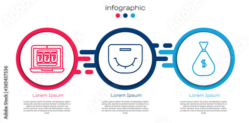 Set line Laptop and slot machine, Poker table and Money bag. Business infographic template. Vector.