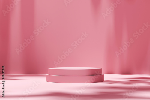 Empty room scene backdrops product display on pink background with sunny shadow in blank studio. Empty pedestal or podium platform. 3D Rendering.