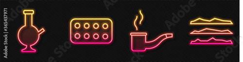 Set line Smoking pipe, Glass bong for smoking marijuana, Pills in blister pack and Cocaine or heroin drug. Glowing neon icon. Vector.