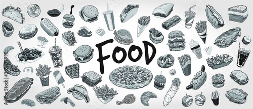 Hand drawn grayscale background with food and beverage varieties.