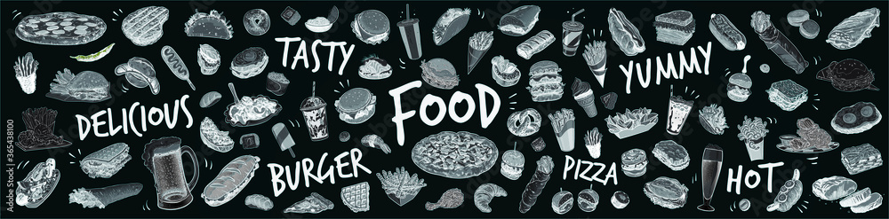 Hand drawn black and white background with food and beverage varieties.