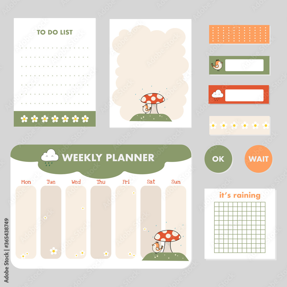 Set of cute rainy seas note papers ,sticker and sticky tape. Collection of weekly planner and notepad. Blank post for message, to do list, memory template ,text box ,banner frame background vector.