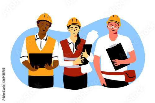 Building, industry, teamwork, engineering concept. Team of builders architects engineers foremen characters standing together and looking at camera. Technician occupation industrial labor illustration