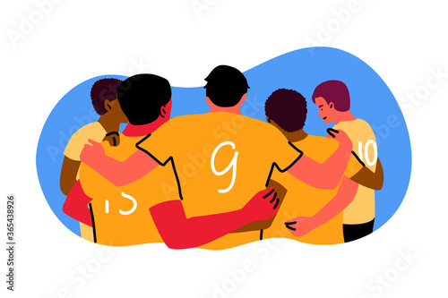 Sport, teamwok, celebration concept. Rugby or american football team of young men boys standing in a huddle and rubbing feet on ground celebrating victory. Goal achiement and winning cup illustration.