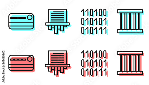 Set line Binary code, Credit card, Paper shredder and Prison window icon. Vector.