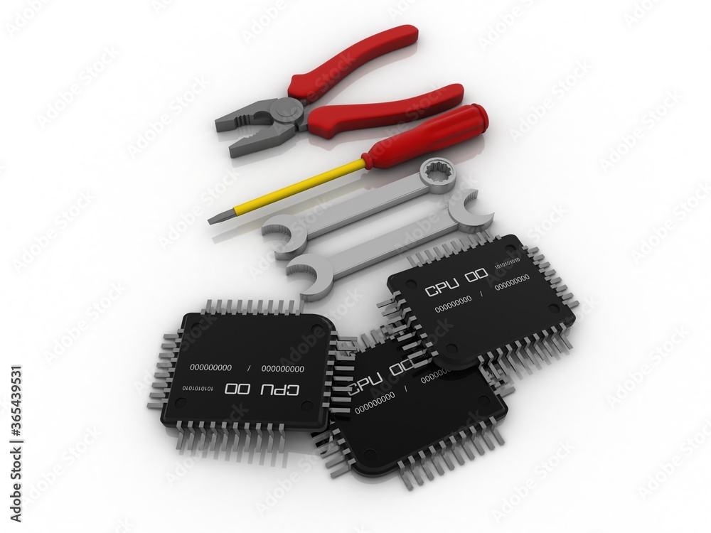 3d rendering microchips with tools 3d rendering microchips with tools