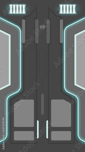 EPS10. Vector illustration. sci-fi neon illuminated door. Graphic illustration of the future interior.
