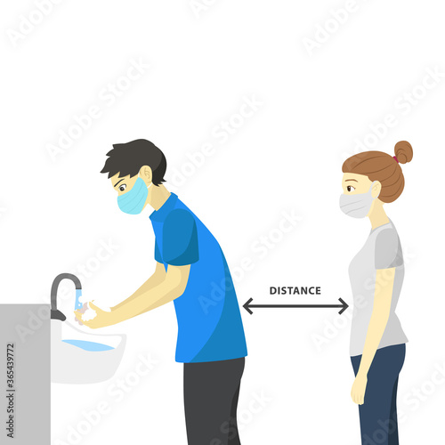 Men washing their hands, women queuing while keeping their distance safely
