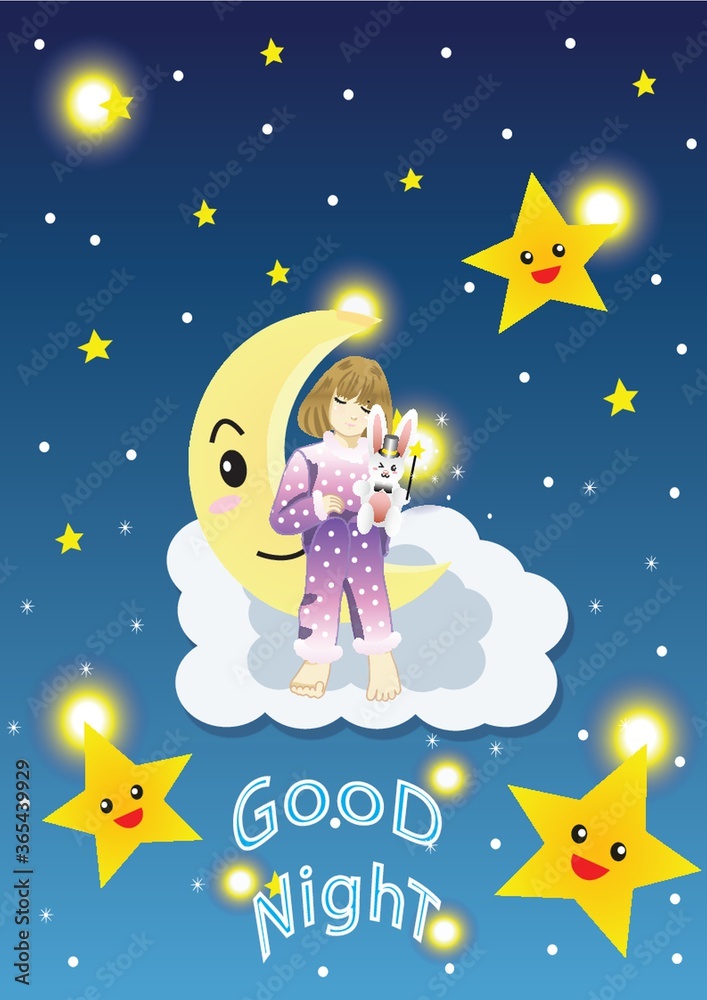 Fototapeta premium girl on moon wishing good night
