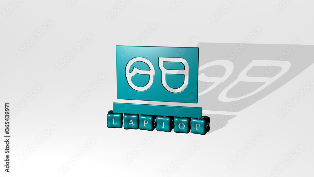 3D illustration of laptop graphics and text made by metallic dice letters for the related meanings of the concept and presentations. computer and business 3D illustration of laptop graphics and text made by metallic dice letters for the related meanings of the concept and presentations. computer and business
