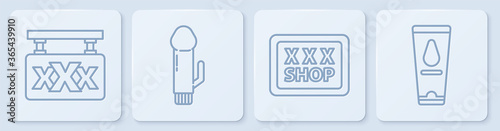 Set line Sex shop, Sex shop, Dildo vibrator and Personal lubricant. White square button. Vector.