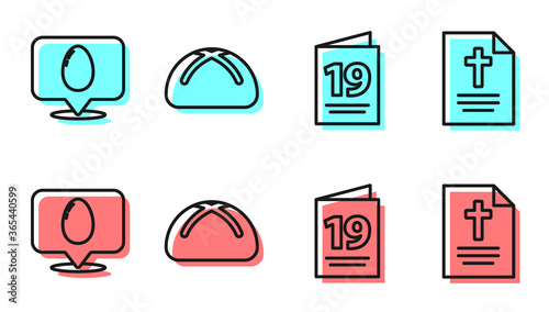 Set line Greeting card with Happy Easter, Speech bubble with easter egg, Easter cake and Greeting card with Happy Easter icon. Vector.