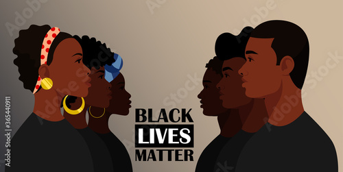 Black lives matter poster with protesting young multinational people. Support for equal rights of black people. Raised fists against Police Brutality