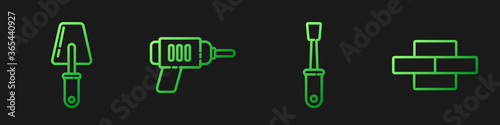 Set line Screwdriver, Trowel, Electric drill machine and Bricks. Gradient color icons. Vector.