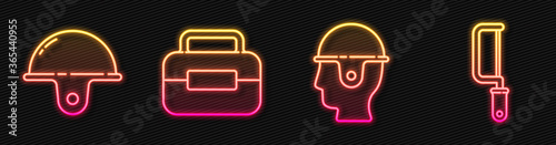 Set line Worker safety helmet, Worker safety helmet, Toolbox and Hacksaw. Glowing neon icon. Vector.
