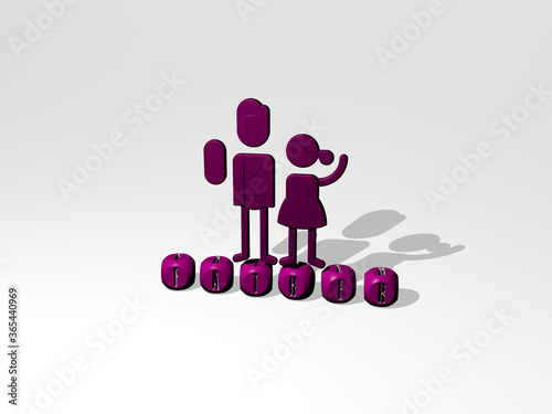 3D representation of father with icon on the wall and text arranged by metallic cubic letters on a mirror floor for concept meaning and slideshow presentation. family and child