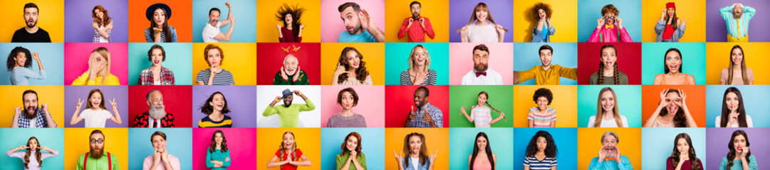 Photo collage of group of glad cheerful excited astonished funky scared surprised people person youngsters children having bright facial expressions isolated over multicolored background