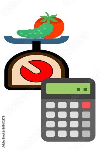 calculator on background of cucumber with tomato on weight scales