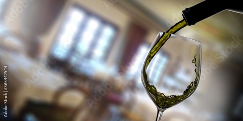 Red wine pouring. Wine bottle pouring white wine in a crystal goblet closeup view. 3d illustration