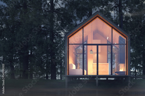 Secluded tiny house on the sandy shore of a lake with fog in a coniferous forest in the cold night light and with warm light from the Windows. Stock 3D illustration
