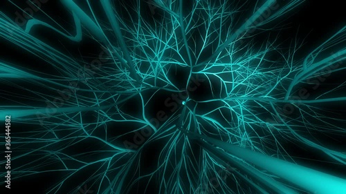 Futuristic fiber optic data cable tunnel animation with 3D glowing blue wires