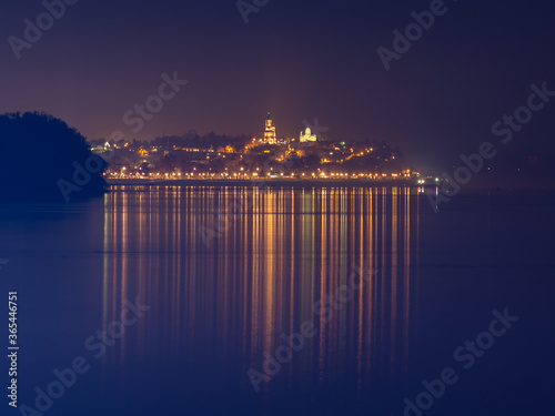 Night view of Zemun municipality of Belgrade, capital of Serbia, reflecting in the Danube river