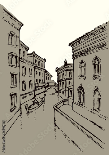 Street canal in Venice. Vector drawing