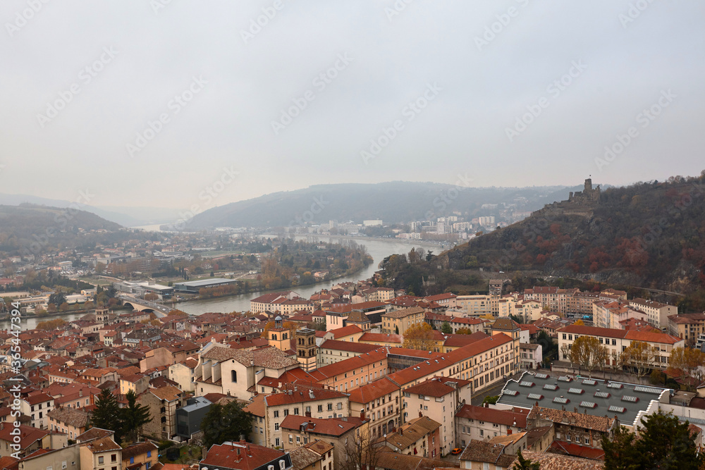 Aerial view of Vienne including ruin of a medieval castle, France