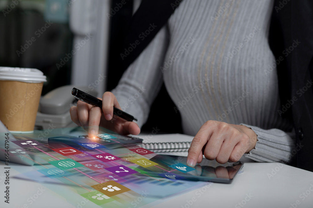 Business woman working with credit card,  Marketing business concept on the virtual screen interface icons.