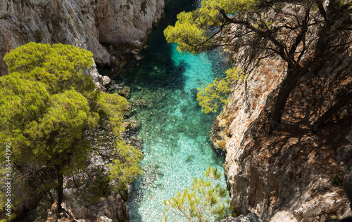 Clear turquoise sea water in the Amarandos Cove on the island of Skopelos is a reminder of a refreshing holiday in the Mediterranean summer.