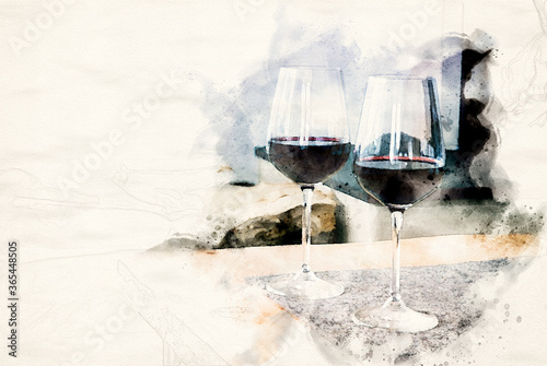 close-up of two glasses with red wine on table in watercolors