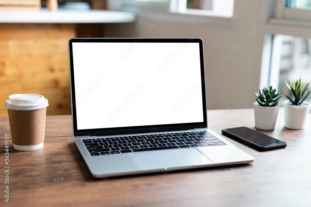 mock up empty screen computer on wood desk in home mock up empty screen computer on wood desk in home