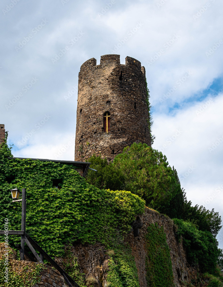 Castle's tower covered by ivy during summer with clouds