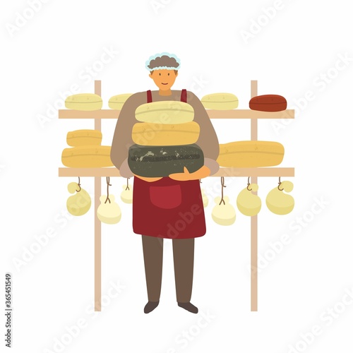 фотографія Vector illustration of cheese maker in apron and cap holding heads of cheese