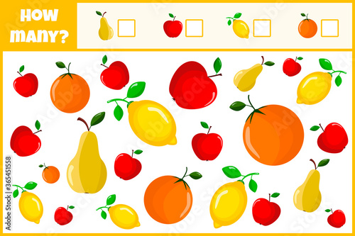 Educational mathematical game. Count the number of fruits. Count how man fruits. Counting game for children.