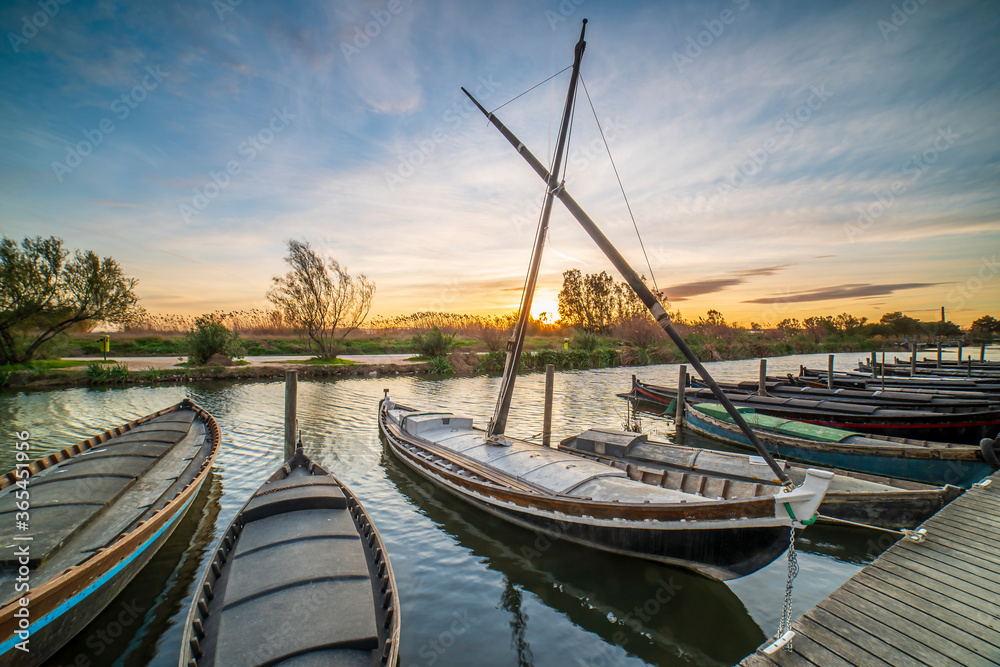 Sunset in the port of Catarroja in Albufera of Valencia.