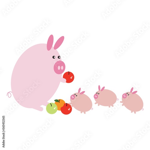 pig distributing fruits to piglets cartoon