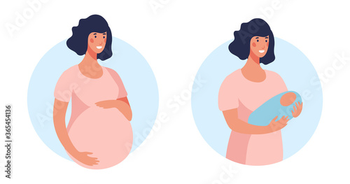 A set of illustrations about pregnancy and motherhood. Pregnant woman on a round blue background. Girl with a newborn baby. Vector flat stock illustration isolated on white