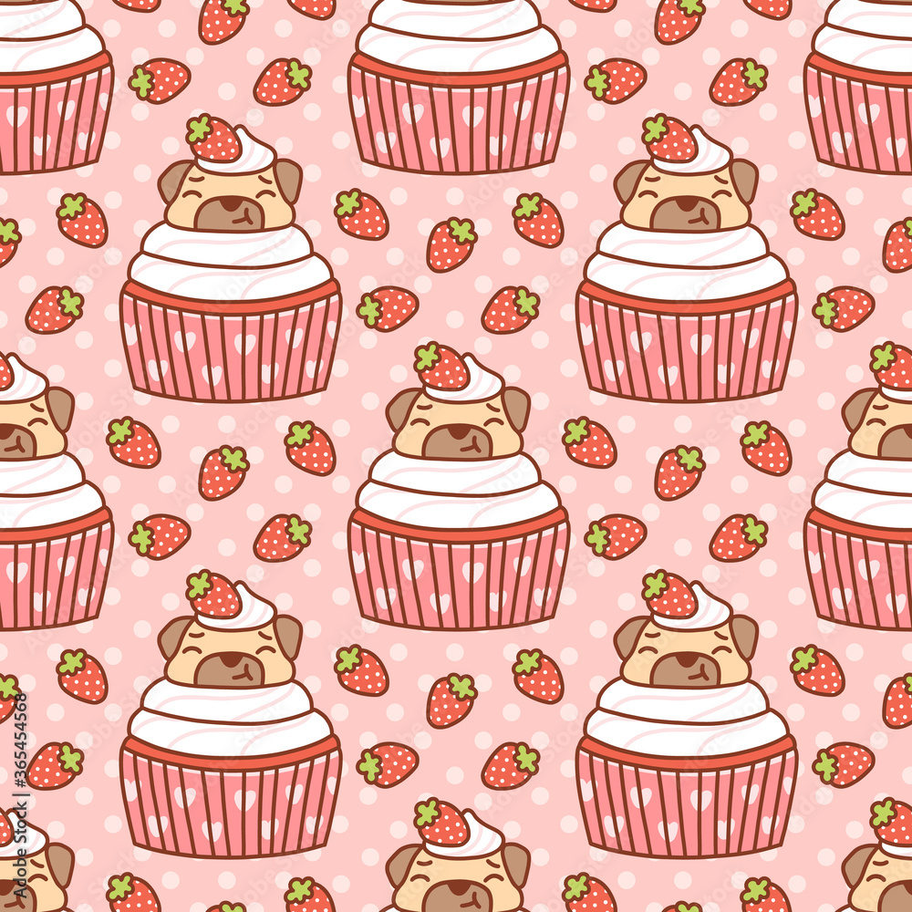 Cute seamless pattern with pug dog in a cupcake and strawberries, on a pink background. It can be used for packaging, wrapping paper, textile, home decor etc. Cute seamless pattern with pug dog in a cupcake and strawberries, on a pink background. It can be used for packaging, wrapping paper, textile, home decor etc.