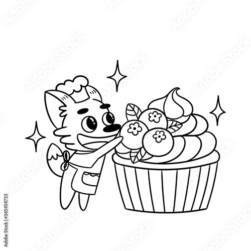 Cute fox confectioner decorates blueberry cupcake. Great illustration for the coloring book or page for adults and children. Black and white vector illustration.