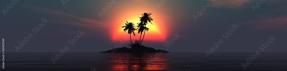 Sunset on an island with palm trees in the ocean, panorama of a tropical sea sunset, 3D rendering